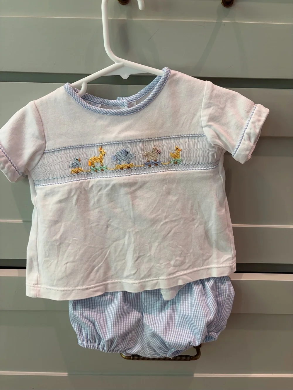 White Baby Smocked Animal Short Sleeve Set with Blue Trim